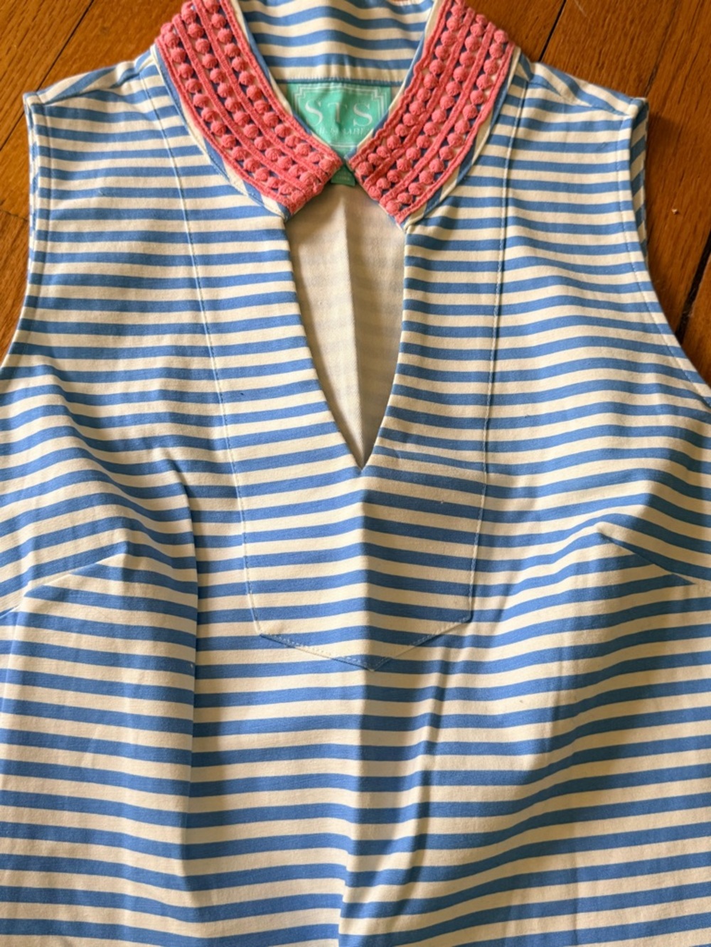 Sail to Sable Small Blue & White Striped Sleeveless Dress with Pink Trim-NWOT - Picture 5 of 6